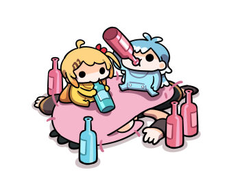 Rule 34 | 3girls, ahoge, alcohol, antenna hair, blonde hair, blue hair, bottle, drinking, fortissimo, girl on top, hair ornament, hair ribbon, highres, hololive, hololive dev is, hololive english, keenbiscuit, kobo kanaeru, long hair, lying, mori calliope, mori calliope (1st costume), multiple girls, musical note, musical note hair ornament, on floor, on stomach, onesie, otonose kanade, pink hair, ribbon, side ponytail, sitting, sitting on person, virtual youtuber