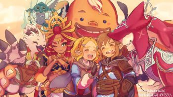 3girls 4boys beak blonde_hair bracelet champion's_tunic_(zelda) circlet colored_skin commentary_request crown dark-skinned_female dark_skin fingerless_gloves gerudo gloves goron highres jewelry link mask mask_on_head mineru_(zelda) multiple_boys multiple_girls neck_ring nintendo pointy_ears princess_zelda red_hair red_skin revision riju rito saharaoekaki sharp_teeth sidon spirit teeth the_legend_of_zelda the_legend_of_zelda:_tears_of_the_kingdom tulin_(zelda) white_hair yunobo zonai zora