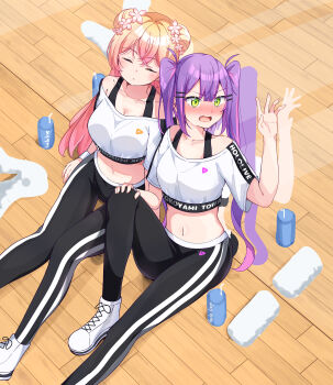 2girls absurdres against_mirror against_wall black_pants black_sports_bra blonde_hair blush breasts center-flap_bangs character_name clothes_writing colored_inner_hair commentary_request crop_top dance_studio double-parted_bangs double_bun embarrassed fangs flower from_above gradient_hair green_eyes hair_between_eyes hair_bun hair_flower hair_ornament hairclip high_tops highres hololive hololive_dance_practice_uniform indoors long_hair medium_breasts midriff mirror momosuzu_nene multicolored_hair multiple_girls navel navel_piercing off-shoulder_shirt off_shoulder official_alternate_costume okome_0628 open_mouth pants piercing pink_hair purple_hair shirt shoes short_sleeves side_up_bun sidelocks sitting sleeping sneakers sports_bra streaked_hair sweatpants t-shirt tokoyami_towa towel twintails two_side_up virtual_youtuber white_footwear white_shirt wooden_floor yoga_pants