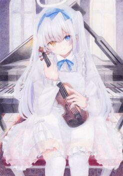 1girl apron blush closed_mouth colored_pencil_(medium) darkkanan deaf disability dress eyes_visible_through_hair frilled_apron frilled_dress frills hair_between_eyes hairband halo head_tilt hearing_aid heterochromia highres instrument long_hair looking_at_viewer original painting_(medium) piano pinafore_dress see-through_clothes sidelocks sitting sleeveless sleeveless_dress solo thighhighs traditional_media twintails violin watercolor_(medium) white_dress white_hair white_thighhighs