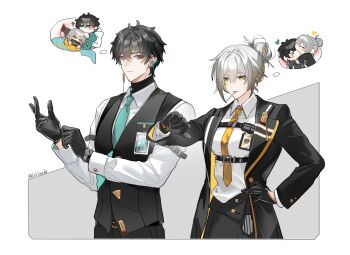 1boy 1girl 625light absurdres alternate_costume alternate_hairstyle aqua_necktie black_gloves black_hair black_jacket black_pants black_skirt black_vest blonde_hair breasts candy chest_harness chibi chibi_inset closed_mouth collared_shirt colored_inner_hair cowboy_shot dan_heng_(honkai:_star_rail) facing_viewer food gloves green_eyes grey_hair hair_bun hair_ornament hair_up hairpin hand_on_own_hip harness hashtag-only_commentary hetero highres honkai:_star_rail honkai_(series) id_card jacket lollipop lollipop_in_mouth long_sleeves looking_at_another looking_at_watch medium_breasts mouth_hold multicolored_hair necktie pants shirt simple_background skirt speech_bubble stelle_(honkai:_star_rail) thought_bubble trailblazer_(honkai:_star_rail) twitter_username two-tone_background vest watch white_shirt wristwatch yellow_eyes yellow_necktie