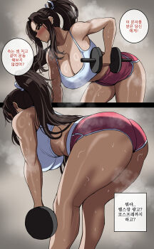 1girl ass ass_focus bent_over breasts cleavage dolphin_shorts dumbbell exercising fatal_fury heavy_breathing hella_p highres huge_breasts korean_text long_hair midriff ninja ponytail shiranui_mai shorts sports_bra steaming_body street_fighter street_fighter_6 sweat top-down_bottom-up weightlifting workout_clothes