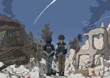 2girls absurdres arms_behind_back black_hair black_shirt blonde_hair blood bloody_handprints blue_pants broken_wall broken_window brown_pants bulldozer bullet_hole bulletproof_vest caterpillar_d9 caterpillar_tracks chito_(shoujo_shuumatsu_ryokou) combat_helmet commentary cope_cage destruction english_commentary from_behind handprint helmet highres idf_caterpillar_d9 israel-hamas_war long_hair low_twintails military_vehicle missile missile_trail motor_vehicle multiple_girls package palestine pants parisetya pocket ponytail rubble ruins shirt short_sleeves shoujo_shuumatsu_ryokou smoke standing stone_building twintails utility_pole white_shirt with_handala_pose yuuri_(shoujo_shuumatsu_ryokou)