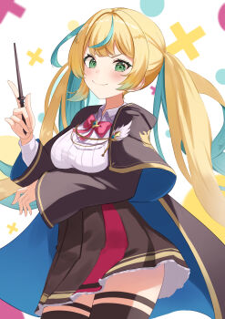 1girl absurdres aqua_hair arm_under_breasts black_capelet black_thighhighs blonde_hair blush bow bowtie breasts capelet cowboy_shot framed_breasts green_eyes highres holding holding_staff indoors long_hair looking_at_viewer mage_staff medium_breasts miniskirt multicolored_hair nijisanji pleated_skirt red_ribbon ribbon simple_background skirt smile smug solo staff streaked_hair tachitsute_toto takechi49 thighhighs twintails virtual_youtuber wizard zettai_ryouiki