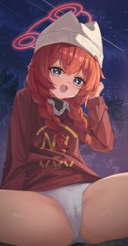 Rule 34 | absurdres, animal ear headwear, beanie, blue archive, braid, fake animal ears, halo, hat, heart, heart-shaped pupils, highres, looking at viewer, maki (blue archive), maki (camp) (blue archive), manjie, no pants, official alternate costume, official alternate hairstyle, panties, red hair, red halo, red sweater, red sweater vest, shirt, sky, smile, star (sky), starry sky, sweater, sweater vest, symbol-shaped pupils, thighs, twin braids, underwear, white panties, white shirt