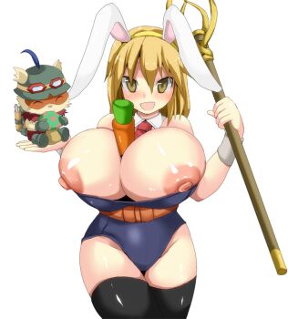 1girl animal_ears areola_slip bare_shoulders between_breasts black_thighhighs blonde_hair breasts carrot cleavage curvy groin hair_ornament highleg huge_breasts impossible_clothes impossible_shirt large_areolae league_of_legends necktie nipple_slip nipples nira open_mouth rabbit_ears shirt simple_background staff standing teemo thick_thighs thighhighs thighs white_background yellow_eyes