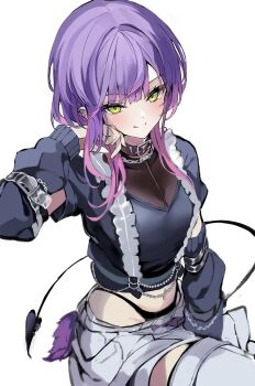 1girl :q absurdres argule0901 belt black_collar black_panties black_shirt collar commentary_request cropped_shirt demon_girl demon_tail detached_pants detached_sleeves earrings fang frilled_shirt frills gradient_hair green_eyes grey_pants hand_up heart heart_earrings highres hololive jewelry long_hair long_sleeves looking_at_viewer midriff multicolored_hair navel panties pants pink_hair pointy_ears purple_hair shirt short_hair_with_long_locks short_sleeves sidelocks simple_background sitting skin_fang smile solo tail tokoyami_towa tongue tongue_out underwear virtual_youtuber white_background white_belt