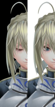 Rule 34 | 1girl, ahoge, armor, artoria pendragon (fate), blonde hair, closed eyes, contrast, dress, dual persona, fate/stay night, fate (series), green eyes, hair ribbon, highres, otaku (artist), ribbon, saber (fate)