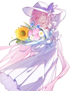 1girl absurdres bouquet breasts chinese_commentary cleavage commentary_request diamond-shaped_pupils diamond_(shape) dress elf elysia_(herrscher_of_human:_ego)_(honkai_impact) elysia_(honkai_impact) elysia_(summer_2025)_(honkai_impact) flower hat highres holding holding_bouquet honkai_(series) honkai_impact_3rd large_breasts long_hair multicolored_hair official_alternate_costume pink_hair pointy_ears purple_eyes simple_background smile solo sun_hat sundress symbol-shaped_pupils two-tone_hair very_long_hair white_background white_dress white_hair white_hat yinanhuahua