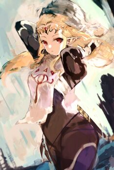 1girl bandages blonde_hair bodysuit breasts hair_down hat highres long_hair looking_at_viewer mask nintendo pointy_ears princess_zelda red_eyes sheik solo the_legend_of_zelda the_legend_of_zelda:_ocarina_of_time tiara tsutsugano unworn_mask