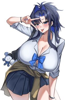 1girl absurdres bag blue_bow blue_eyes blue_hair blue_nails blue_skirt blush bow breasts cardigan cardigan_around_waist chest_bow cleavage clothes_around_waist collared_shirt commentary cowboy_shot fingernails gyaru hair_intakes hair_tie_on_wrist highres hololive hololive_english huge_breasts long_fingernails long_hair long_sidelocks looking_at_viewer open_mouth ouro_kronii pleated_skirt school_bag shirt sidelocks simple_background skirt sleeves_rolled_up solo standing teeth tongue tongue_out upper_teeth_only v vanillanight virtual_youtuber white_background white_shirt yellow_cardigan