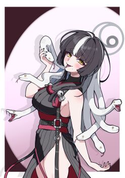 1girl absurdres azami_(blue_archive) black_hair black_kimono black_nails blue_archive breasts days_(user_zehd4554) forked_tongue grey_halo halo highres japanese_clothes kimono large_breasts looking_at_viewer multicolored_hair sleeveless sleeveless_kimono slit_pupils snake snake_hair solo tongue two-tone_hair white_hair white_snake yellow_eyes