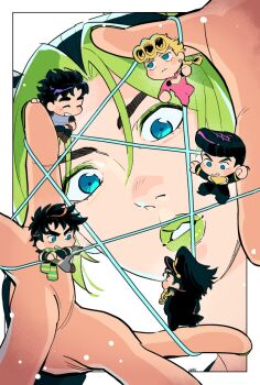 1girl 5boys black_hair blonde_hair blue_eyes blue_hair braid brown_hair cat&#039;s_cradle chibi double_bun giorno_giovanna green_eyes green_hair green_lips hair_bun hakmonss hat higashikata_josuke highres jojo_no_kimyou_na_bouken jonathan_joestar joseph_joestar joseph_joestar_(young) kuujou_jolyne kuujou_joutarou lipstick makeup mini_person miniboy multicolored_hair multiple_boys pompadour purple_hair star_(symbol) stone_ocean two-tone_hair