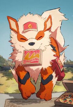 Rule 34 | animal focus, arc draws, arcanine, bag, commentary request, day, delivery, doormat, facing viewer, fangs, fangs out, food, gen 1 pokemon, grass, hat, highres, mouth hold, nintendo, no humans, outdoors, pink hat, pizza, pizza box, pokemon, pokemon (creature), sky, smile, solo