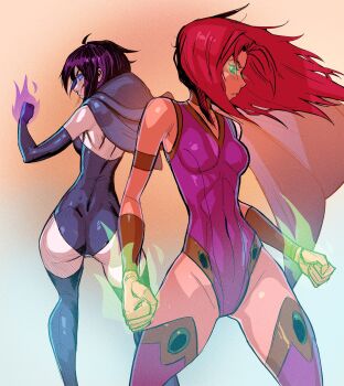2girls animification ass cape colored_sclera colored_skin davecavedraws dc_comics green_sclera grey_skin highres leotard magic multiple_girls orange_skin raven_(dc) short_hair sleeved_leotard starfire superhero_costume teen_titans
