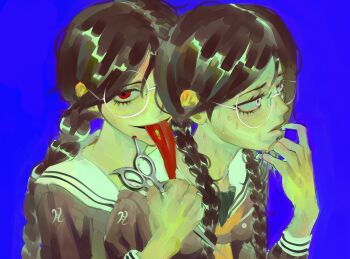 blue_background braid brown_hair danganronpa:_trigger_happy_havoc danganronpa_(series) dual_persona finger_to_mouth fukawa_toko genocider_shou hair_between_eyes hamuseutta highres holding holding_scissors lips long_hair long_tongue looking_at_viewer low-braided_long_hair low-tied_long_hair red_eyes round_eyewear school_uniform scissors sweat tongue tongue_out twin_braids