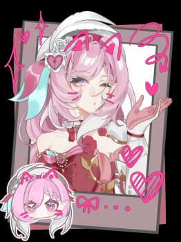 1girl absurdres beret black_background blowing_kiss breasts chinese_commentary cleavage commentary_request diamond-shaped_pupils diamond_(shape) drawn_ears drawn_whiskers dress elysia_(hi_love_elf)_(honkai_impact) elysia_(honkai_impact) face_filter gloves hat heart highres honkai_(series) honkai_impact_3rd large_breasts long_hair multicolored_hair pink_gloves pink_hair polaroid_photo purple_eyes red_dress solo symbol-shaped_pupils two-tone_hair very_long_hair white_hair yinan_de_lu_jiu