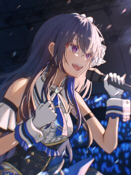 Rule 34 | 1girl, absurdres, arm strap, bare shoulders, black hair, blue hair, blue necktie, blue streaks, center frills, clenched hand, collared shirt, commentary, earrings, frills, gloves, hair between eyes, hair ornament, hand up, highres, holding, holding microphone, ichinose uruha, jewelry, long hair, looking to the side, microphone, multicolored hair, music, necktie, open mouth, shirt, singing, sleeveless, sleeveless shirt, solo, sowon (sowonhae), standing, teeth, upper body, upper teeth only, virtual youtuber, vspo!, white gloves, white shirt, white wrist cuffs, wrist cuffs