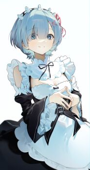 1girl apron black_dress black_ribbon black_sleeves blue_eyes blue_hair blush breasts cleavage closed_mouth detached_collar detached_sleeves dress eyes_visible_through_hair flower_knot frilled_sleeves frills hair_ornament hair_over_one_eye hair_ribbon hambugyyy hashtag-only_commentary highres juliet_sleeves long_sleeves looking_at_viewer maid maid_headdress medium_breasts neck_ribbon own_hands_together pink_ribbon puffy_sleeves re:zero_kara_hajimeru_isekai_seikatsu rem_(re:zero) ribbon roswaal_mansion_maid_uniform short_hair simple_background smile solo steepled_fingers white_apron white_background wide_sleeves x_hair_ornament