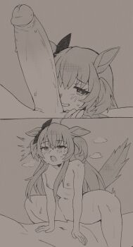 1boy 1girl absurdres animal_ears bow breasts ear_ribbon greyscale heart heart-shaped_pupils highres horse_ears horse_girl horse_tail huge_penis long_hair mayano_top_gun_(umamusume) monochrome multiple_views nude oniyanna penis penis_on_face sex small_breasts symbol-shaped_pupils tail tail_raised two_side_up umamusume vaginal