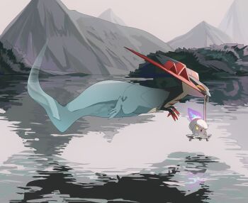 :o carrying day dragapult fire flying from_side gen_5_pokemon gen_8_pokemon highres litwick mountain mouth_hold nintendo no_humans open_mouth outdoors pokemon pokemon_(creature) purple_fire reflection two_pokemon water yellow_eyes