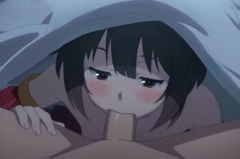 1boy 1girl animated anime_coloring artist_name bare_shoulders bed_sheet black_hair blanket blush brown_hair fellatio hair_between_eyes half-closed_eyes hand_on_another's_leg hand_on_another's_thigh hetero kono_subarashii_sekai_ni_shukufuku_wo! loli looking_at_viewer megumin nude oral penis pov pov_crotch red_eyes short_hair short_hair_with_long_locks solo_focus spread_legs stealth_sex uncensored under_covers video watermark