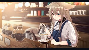 1girl animal_ears apron blurry blurry_background cafe coffee coffee_beans coffee_pot collared_shirt counter green_eyes indoors light_brown_hair long_hair neck_ribbon nuko_miruku original ribbon shirt slice_of_life standing wolf_girl