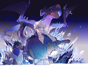 1boy aohitsugi_samatoki belt black_jacket blue_shirt bracelet cigarette closed_mouth collarbone collared_shirt crossover duskull earrings garchomp gen_2_pokemon gen_3_pokemon gen_4_pokemon hair_between_eyes hand_in_pocket highres holding holding_cigarette houndoom hypnosis_mic jacket jacket_on_shoulders jewelry long_sleeves looking_at_viewer male_focus mega_houndoom mega_pokemon nintendo open_collar pants poke_ball pokemon pokemon_(creature) red_eyes shirt short_hair shuiyiyaogong sleeves_rolled_up smoking water water_drop waves white_hair