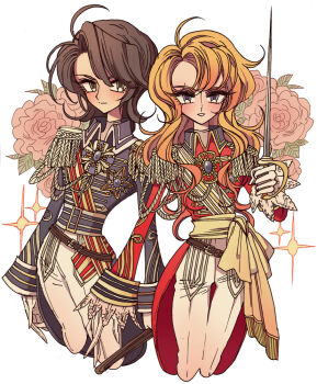 1boy 1girl aiguillette andre_grandier androgynous belt blonde_hair blue_eyes blue_jacket brown_belt brown_hair closed_mouth cropped_legs epaulettes floral_background flower gloves green_eyes holding holding_sword holding_weapon jacket long_hair long_sleeves looking_at_viewer meremero oscar_francois_de_jarjayes pants pink_flower pink_rose rapier red_jacket rose sash short_hair smile sparkle standing sword versailles_no_bara weapon white_background white_gloves white_pants