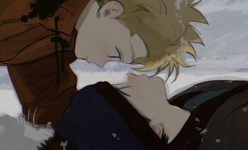 Rule 34 | 2boys, animification, black hair, blonde hair, blue eyes, blue hat, blue shirt, blush, brown jacket, closed mouth, cuf nayl, day, fur-trimmed jacket, fur trim, hat, jacket, kenny mccormick, long sleeves, looking at another, looking down, looking up, lying, male focus, messy hair, multiple boys, on back, orange jacket, outdoors, pom pom (clothes), puffy long sleeves, puffy sleeves, shirt, short hair, smile, snow, snow on head, snow on headwear, south park, stan marsh, winter