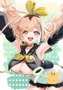 1girl ahoge azur_lane black_sailor_collar breasts choker commentary_request detached_sleeves highres huge_ahoge large_breasts long_hair long_sleeves looking_at_viewer manjuu_(azur_lane) open_mouth purple_eyes qino33 sailor_collar solo star-shaped_pupils star_(symbol) symbol-shaped_pupils teeth upper_teeth_only very_long_hair william_d._porter_(azur_lane)