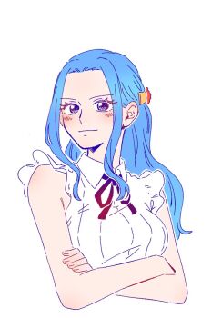 1girl bare_arms bare_shoulders black_ribbon blue_hair blush breasts closed_mouth collared_shirt cropped_torso crossed_arms forehead hair_ornament long_hair looking_at_viewer medium_breasts neck_ribbon nefertari_vivi one_piece parted_bangs ribbon rnolmol shirt sleeveless sleeveless_shirt solo upper_body white_background white_shirt