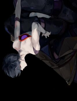 1boy arms_at_sides birthmark black_background black_eyes black_hair closed_mouth completely_nude doll_joints eyelashes eyeliner eyeshadow genshin_impact highres hole_in_chest hole_on_body joints k9mi looking_at_viewer makeup male_focus mechanical_arms mitsudomoe_(shape) nude red_eyeliner red_eyeshadow scaramouche_(genshin_impact) solo tomoe_(symbol) upside-down