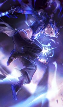 1girl arclight_(arknights) arknights arknights:_endfield boots braid commentary english_commentary faithom full_body gloves highres holding holding_weapon horse_girl horse_tail multicolored_hair streaked_hair tail twin_braids twintails weapon white_hair