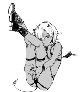 1boy androgynous bare_shoulders bulge commentary_request crossdressing crossdressing_(mtf) dark-skinned_male dark_skin demon_boy demon_horns demon_tail demon_wings dot_nose full_body highres holding_own_legs_back horns jewelry looking_at_viewer lying male_focus mini_wings monochrome on_back one_eye_covered original panties parted_lips partial_commentary shoes short_hair simple_background sketch solo sunaba_(nczd5875) tail thighlet thighs trap underwear white_background wings