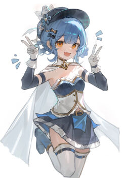 1girl :d absurdres belt black_hat blue_boots blue_hair blue_skirt boots braid braided_hair_rings breasts cape cosplay detached_sleeves double_v fuyou_flo gloves gold_trim hair_rings hands_up hat highres looking_at_viewer magical_girl mahou_shoujo_madoka_magica mahou_shoujo_madoka_magica_(anime) mahou_shoujo_no_majo_saiban miki_sayaka miki_sayaka_(cosplay) miki_sayaka_(magical_girl) miniskirt open_mouth shirt short_hair simple_background skirt small_breasts smile solo standing strapless strapless_shirt tachibana_sherry thighhighs v white_cape white_gloves white_thighhighs yellow_eyes