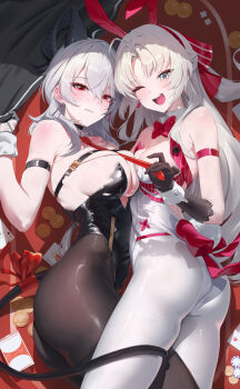 2girls :d absurdres alternate_costume animal_ear_hairband animal_ears arm_strap armpit_crease ass bare_shoulders black_choker black_gloves black_horns black_leotard black_pantyhose black_tail blush bow bowtie breasts card carlotta_(wuthering_waves) choker clothes_grab collar commentary curled_horns detached_collar earrings embarrassed fake_animal_ears fake_tail gloves hair_between_eyes hair_bow hairband highres horns jewelry key_earrings large_breasts leotard long_hair looking_at_viewer medium_breasts multiple_girls necktie necktie_grab neckwear_grab on_table one_eye_closed open_mouth pantyhose parted_lips pink_bow pink_bowtie playboy_bunny playing_card poker_chip poker_table rabbit_ear_hairband rabbit_ears rabbit_tail red_eyes red_necktie rkin smile strapless strapless_leotard striped_bow table tail tail_around_another&#039;s_leg tail_wrap teeth thighs upper_teeth_only white_collar white_eyes white_hair white_leotard white_pantyhose white_wrist_cuffs wrist_cuffs wuthering_waves zani_(wuthering_waves)