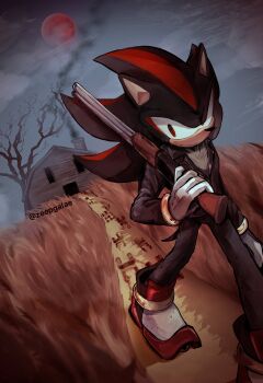 1boy absurdres alternate_costume animal_ears animal_nose arm_at_side artist_name bare_tree black_fur black_hair black_jacket black_pants blood_on_clothes bloody_footprints blue_sky body_fur boots chimney closed_mouth cloud dutch_angle finger_on_trigger footprints full_moon gloves grass gun hand_up highres holding holding_gun holding_weapon house jacket long_hair long_sleeves looking_at_viewer male_focus moon multicolored_boots multicolored_fur multicolored_hair neck_fur night outdoors over_shoulder pants path red_eyes red_fur red_hair red_moon road shadow_the_hedgehog shapam_(zeepgalae) shotgun sideways_mouth sky smoke solo sonic_(series) spiked_hair standing streaked_hair tail tree twitter_username two-tone_hair walking watermark weapon weapon_over_shoulder white_fur white_gloves