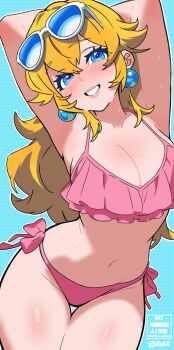 1girl alternate_costume arms_up bikini blonde_hair blue_background blue_eyes blush breasts cleavage commentary cowboy_shot crossed_bangs double-parted_bangs earrings english_commentary eyewear_on_head grin highres jewelry large_breasts long_hair looking_at_viewer mario_(series) midriff navel nintendo nose_blush outline pink_bikini polka_dot polka_dot_background princess_peach ruffle_bikini simple_background smile solo swaying_hip swimsuit watermark white_outline xel4