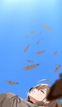 1girl black_choker blue_sky brown_hair brown_ribbon choker closed_eyes day feathers highres hololive hololive_english lying nanashi_mumei on_back outdoors redi_(rasec_asdjh) ribbon sky solo virtual_youtuber