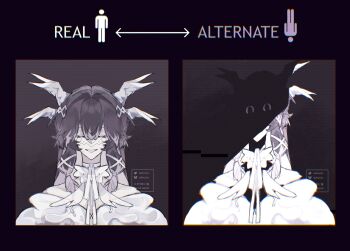 Rule 34 | 1girl, akuicia, angel, angel wings, black eyes, columbina (genshin impact), dress, genshin impact, highres, horror (theme), long hair, looking at viewer, mandela catalogue, neck ribbon, ribbon, white dress, white ribbon, wings