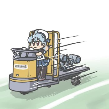 1girl black_pantyhose blue_hair blue_neckerchief blue_sailor_collar blue_skirt commentary_request driving ferret-san gloves gradient_hair hat highres kantai_collection long_hair multicolored_hair neckerchief pantyhose pleated_skirt red_eyes sado_(kancolle) sailor_collar sailor_hat school_uniform serafuku shirt simple_background skirt sleeveless sleeveless_shirt smile solo undershirt vehicle_request white_background white_gloves white_hat