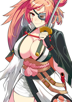 1girl amputee arc_system_works artist_request baiken breasts closed_mouth eyepatch facial_tattoo female_focus guilty_gear highres holding holding_sword holding_weapon jacket jacket_on_shoulders japanese_clothes katana kimono large_breasts long_hair matching_hair/eyes open_clothes open_jacket pink_eyes pink_hair ponytail samurai sash scar scar_across_eye scar_on_face simple_background smile solo sword tattoo torn_clothes torn_kimono torn_sleeves weapon white_background