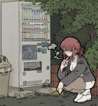 1girl black_jacket black_pantyhose boots cigarette dress ear_piercing fence folded_ponytail full_body holding holding_cigarette jacket multiple_piercings pantsu-ripper pantyhose piercing red_eyes red_hair short_dress smoke smoking solo squatting super_no_ura_de_yani_suu_futari tayama_(super_no_ura_de_yani_suu_futari) trash_can tree vending_machine white_boots white_dress