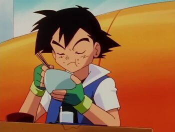 1boy 1girl animated anime_screenshot ass ass_focus bowl cafe denim eating food jeans jorts misty_(pokemon) pants restaurant rice shorts sitting sound table tagme video walking