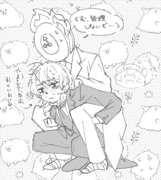 Rule 34 | 1boy, 1other, absurdres, ahoge, alternate costume, animalization, arrow (symbol), bags under eyes, beard stubble, blush, bow, carrying, chibi, chibi inset, clock, coat, collared shirt, dante (limbus company), dress shirt, drooling, embarrassed, facial hair, fire, formal clothes, full body, gloves, gregor (project moon), greyscale, hair bow, hair intakes, heavy, high collar, highres, ishmael (project moon), jitome, lily26983455, limbus company, long coat, long hair, long sleeves, low ponytail, male focus, monochrome, necktie, nervous sweating, object head, open mouth, pants, parted bangs, patterned background, piggyback, polka dot, polka dot background, ponytail, project moon, ribbon, sandals, shirt, shoes, simple background, speech bubble, squatting, struggling, stubble, suit, sweat, sweatdrop, translation request, trembling, tuxedo, umbrella octopus, vest, wavy mouth, wuthering heights (identity) (project moon)