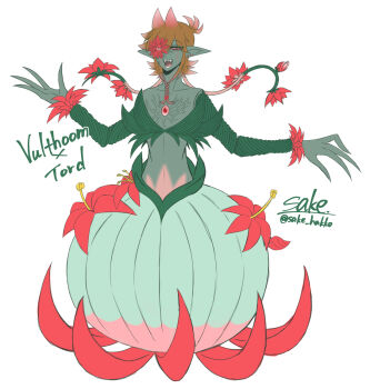 Rule 34 | 1boy, alternate costume, alternate form, alternate skin color, animification, antenna hair, artist name, brown hair, character name, colored skin, commentary request, cthulhu mythos, eddsworld, extra eyes, fangs, flipped hair, flower, flower over eye, full body, gradient hair, green skin, hair ears, highres, kaiyo noba, looking at viewer, male focus, monster boy, monsterification, multicolored hair, no nose, open mouth, pink hair, plant boy, pointy ears, red eyes, red flower, short hair, simple background, solo, tord (eddsworld), vulthoom, white background