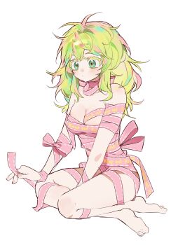 1girl ahha3_good blush boku_no_hero_academia breasts caution_tape colored_eyelashes eyelashes green_eyes green_hair hagakure_toru highres keep_out messy_hair multicolored_hair naked_ribbon nude pink_ribbon pink_streaks ribbon white_background