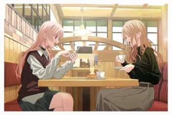 Rule 34 | 2girls, bang dream!, bang dream! it's mygo!!!!!, black sweater, border, brown hair, cellphone, chihaya anon, closed eyes, commentary, cup, fang, grey eyes, grey skirt, holding, holding cup, holding phone, indoors, long hair, long sleeves, multiple girls, nagasaki soyo, open mouth, phone, pink hair, red sweater vest, shirt, sidelocks, sitting, skirt, smartphone, sweater, sweater vest, white border, white shirt, yasou0049