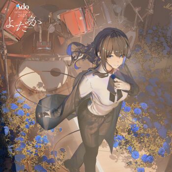 1girl absurdres ado_(utaite) belt black_coat black_hair black_pants blue_eyes blue_flower blue_hair blue_rose bow chando_(ado) clenched_teeth cloak_pull coat collared_shirt colored_inner_hair drum eyelashes floating_hair flower from_above gloves hair_over_one_eye highres holding holding_microphone indoors instrument kt_(kt19990301) long_hair long_sleeves looking_at_viewer microphone multicolored_hair pants rose shirt shirt_tucked_in sidelocks smile solo teeth utaite walking white_gloves white_shirt